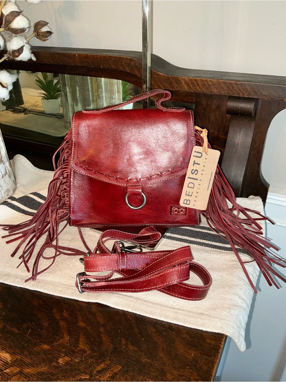 NWT Bed Stu Fringe Leather Hidden Crossbody Bag Handbag Cherry Lacquer MSRP $249